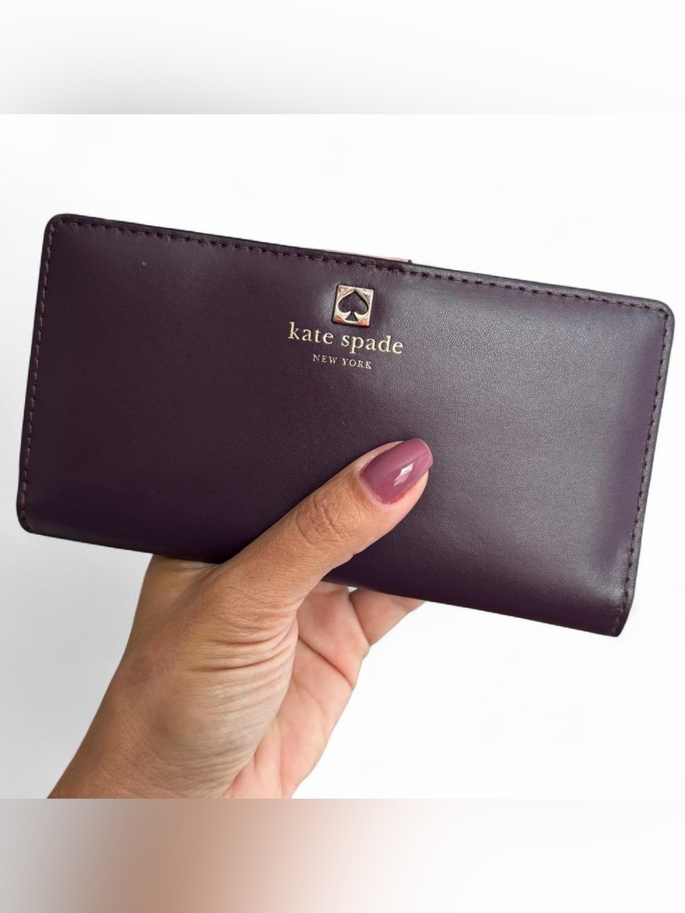 kate spade plum leather continental wallet with gold logo